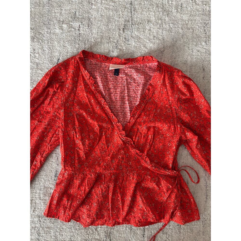Universal Thread Red Floral Wrap Blouse Womens Large Long Sleeve Tie Waist - Picture 6 of 10